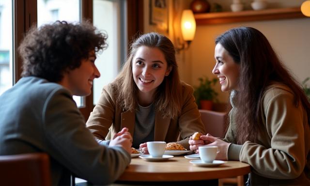 Personnes souriantes discutant autour d'un café dans un bistrot lyonnais