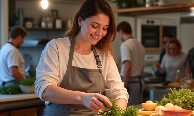 Jeune femme souriante préparant un plat lyonnais dans un atelier de cuisine