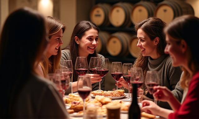 Groupe d'amis dégustant du vin français dans une cave chaleureuse