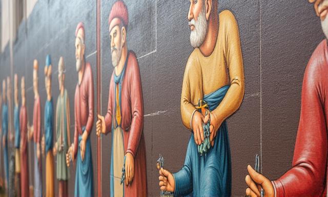 Fresque murale colorée représentant l'histoire de Lyon