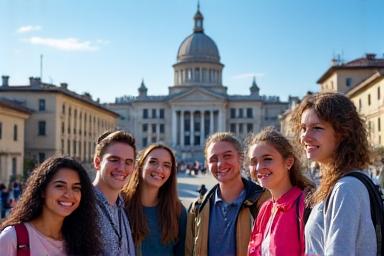 Petite groupe d'étudiants souriants devant une architecture emblématique de Lyon, comme la Basilique Notre-Dame de Fourvière.