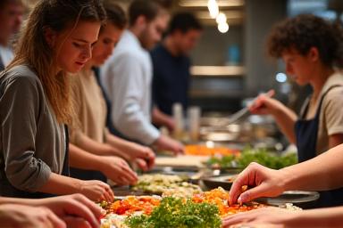 Quelques étudiants qui rient en préparant un plat français lors d'un cours de cuisine culturel.