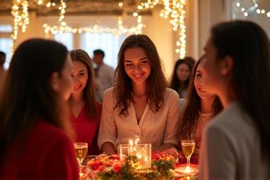 Scène joyeuse d'une fête de fin d'année avec des étudiants de différentes nationalités se mélangeant et souriant.