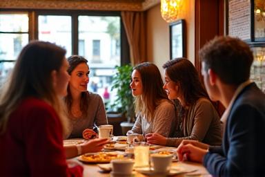 Échange linguistique informel dans un café lyonnais, avec des étudiants discutant animément.