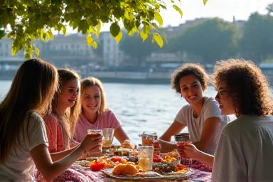 Groupe d'étudiants ayant un pique-nique décontracté le long des berges du Rhône à Lyon.