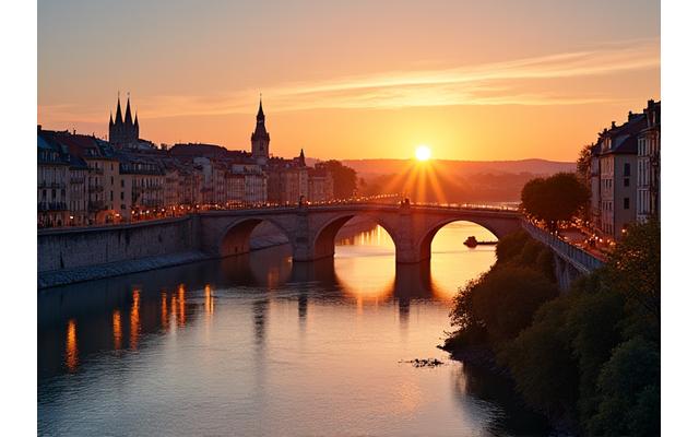 Pont sur la Saône à Lyon, au coucher du soleil, symbolisant la connexion culturelle