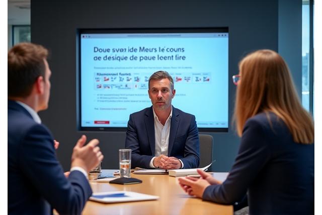 Business professionals in a meeting setting, speaking French.