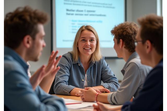 Small group of students laughing and talking in a French class.